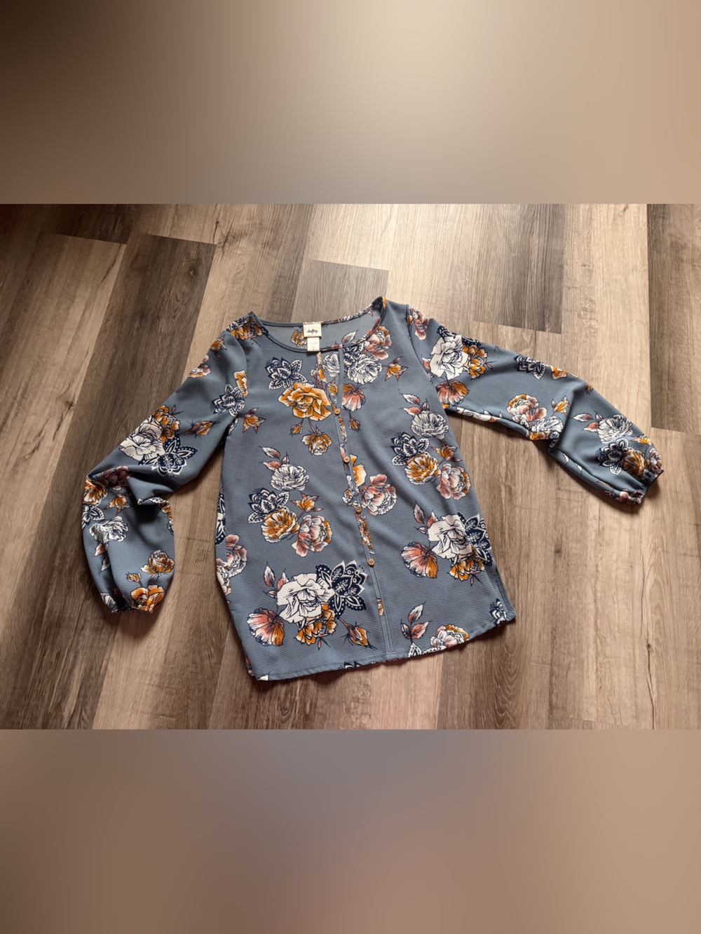 Daytrip Slate Blue Floral Zip-Front Blouse